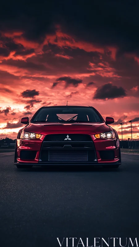 Red performance sedan cuts through darkening sunset sky