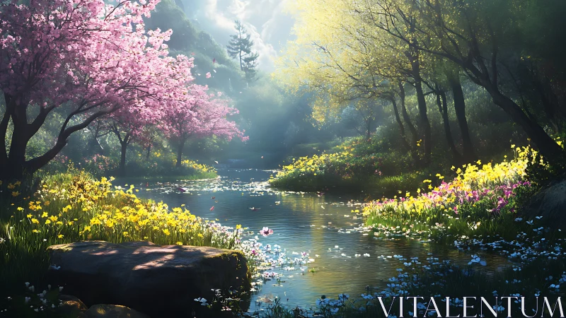 Spring trees and flowers along calm reflective riverbank.