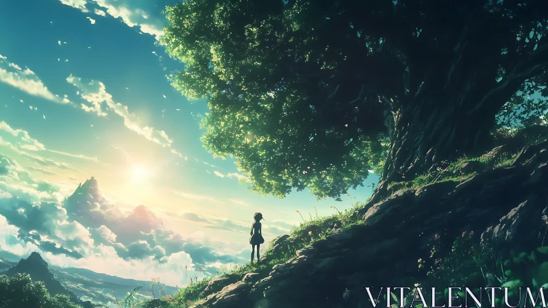 Silhouetted girl studies sunlit valley under massive tree