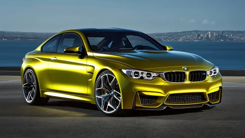 Metallic yellow BMW coupe parked on a coastal roadway at dusk