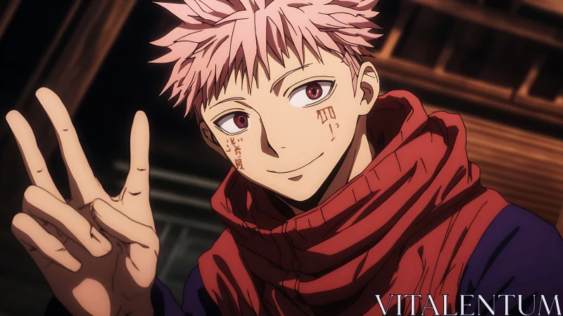 Cursed-eyed trickster flashes a sly, soft victory sign.