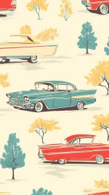 Midcentury classic cars in teal, cream and red pattern design.