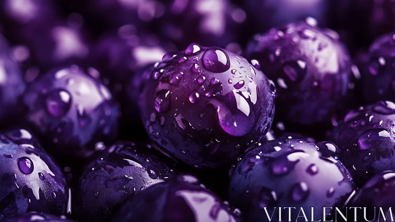Close-up view shows wet purple grapes with surface water droplets