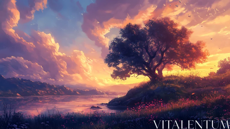 Twilight tree crowns a glowing lakeshore of painted clouds.