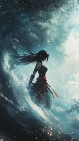 Stormbound warrior silhouette within cinematic ocean vortex.