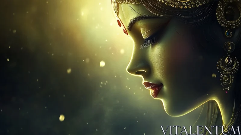 Radiant goddess profile glowing in soft golden light.