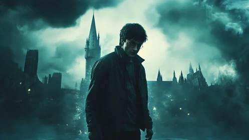 Young male figure before dark castle under storm clouds.