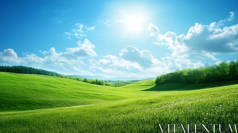 Sunlit emerald meadows rolling under whisper-soft clouds.