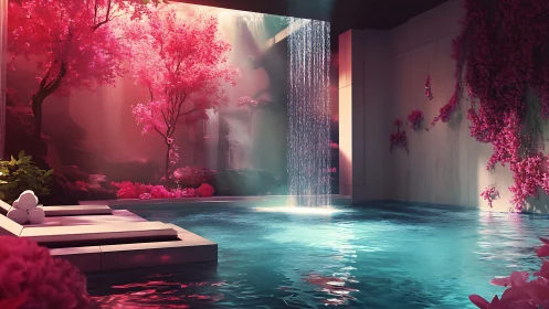 Dreamlit waterfall spa beneath neon-pink blossom canopies.