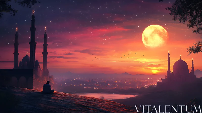 Silhouetted mosques and observer under full moon skyline.
