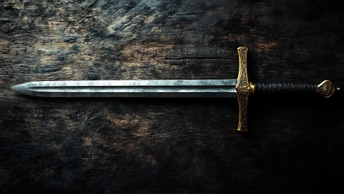 Medieval style sword with ornate hilt on dark wooden surface.