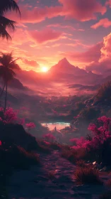 Sunlit mountain valley with neon pink blossom haze at dusk