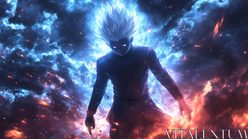 Stormborn enigma strides through colliding fire and frost.