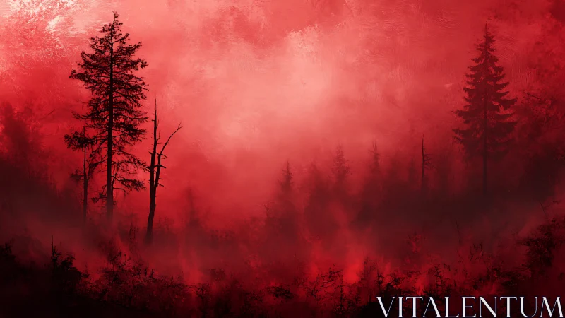 Red forest mist with silhouetted evergreen trees obscured by fog