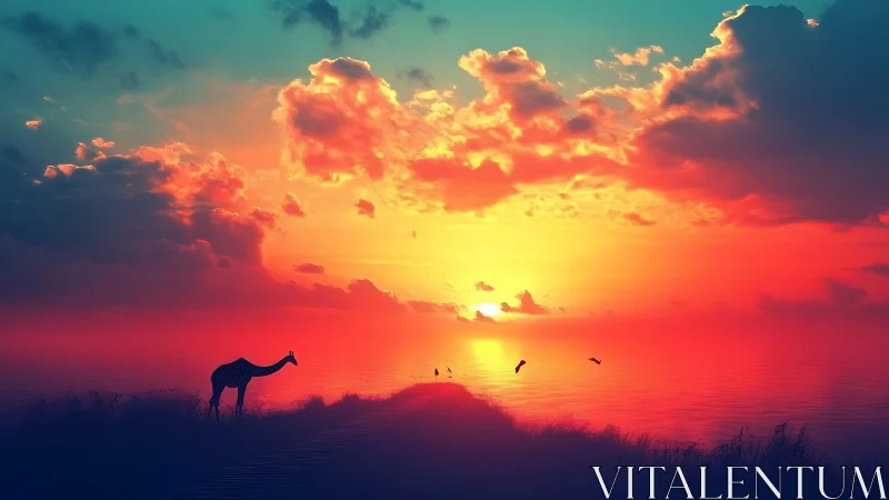 Hyper-saturated coastal sunset with silhouetted giraffe and birds