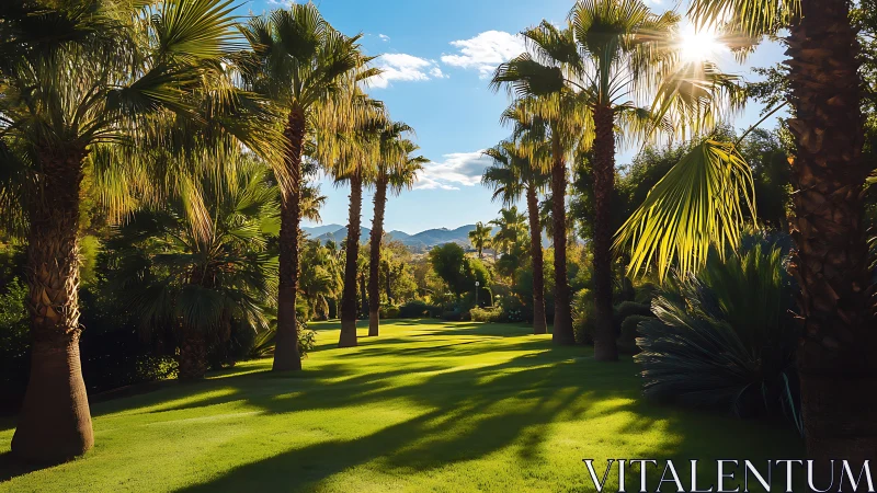 Palm-lined lawn with late-afternoon sunlight and mountains.