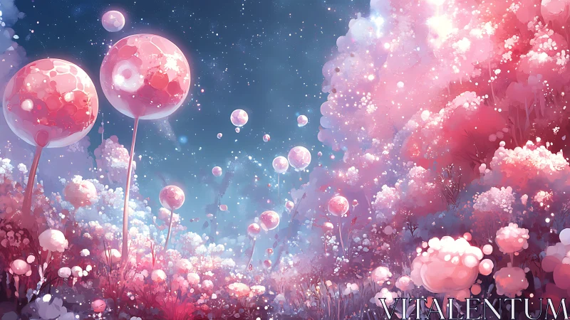 Dreamlike pink alien forest under a starry twilight sky.