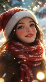 Young woman in winter attire with red scarf and hat.