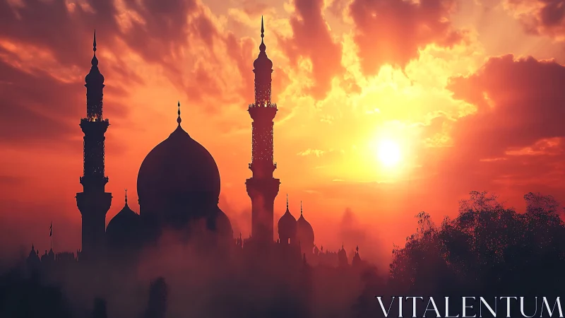 Silhouetted domed mosque and minarets in dramatic sunset haze