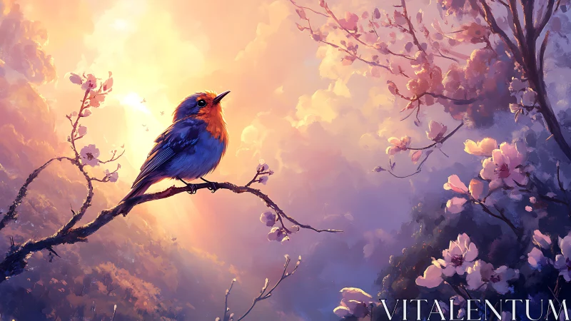 Vibrant robin on cherry blossom branch in dreamy sunset painting.