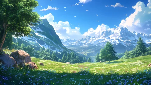 Sunlit alpine meadow opening toward bright snowy peaks.