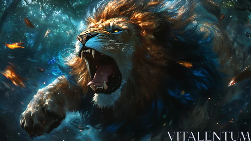 Storm-maned jungle lion roaring through blue wildfire magic.