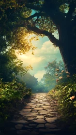 Stone path under tree canopy in soft evening light.