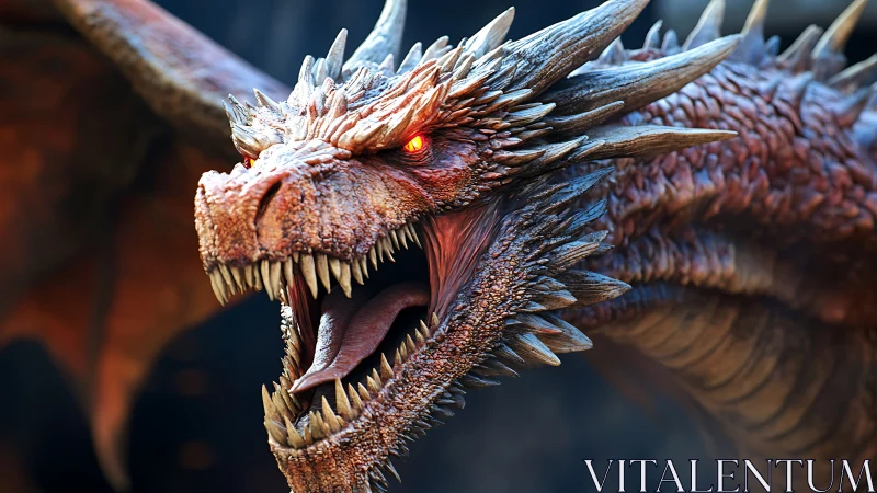 Ferocious red dragon roars in hyper-detailed close-up profile.