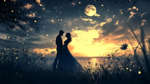 A Moonlit Romance: Two Hearts Under the Golden Sky.