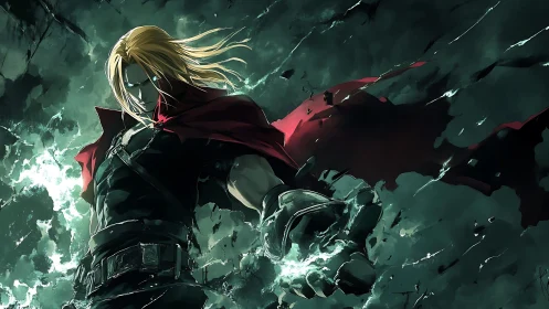 Dynamic anime warrior channeling emerald energy in storm