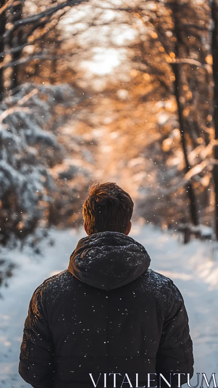 Backlit winter figure in shallow depth forest corridor scene.
