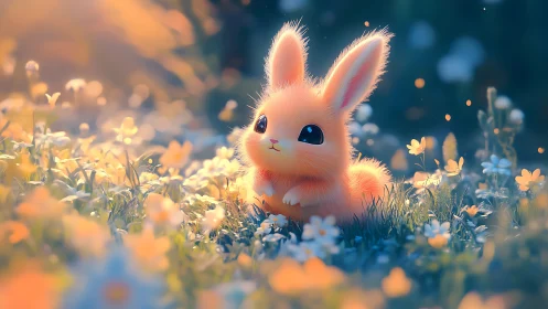 Soft orange bunny resting in glowing spring meadow.