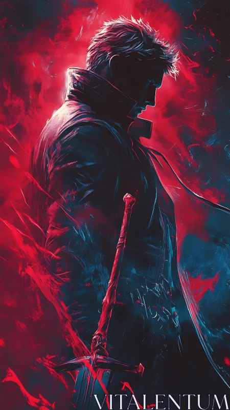 Solitary warrior silhouette in neon red-blue digital chiaroscuro