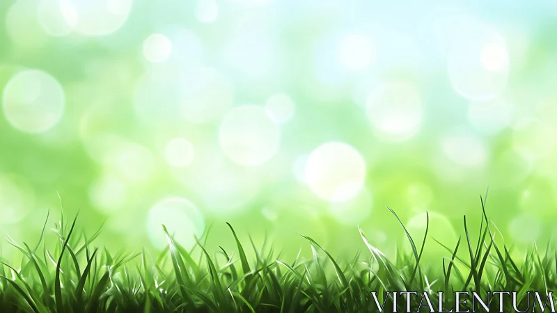 Fresh grass blades rise against soft green bokeh sky