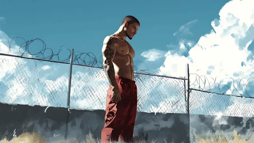 Solitary fighter pacing beneath barbed horizons of sky.