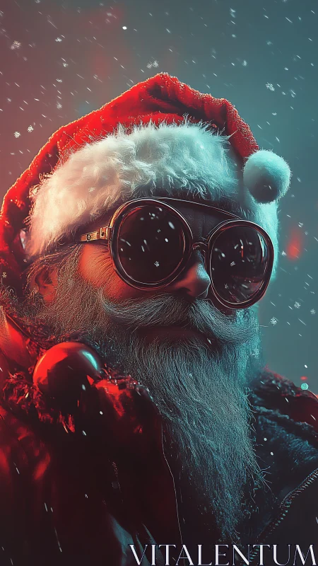 Futuristic Santa portrait with neon bokeh lighting and snow.