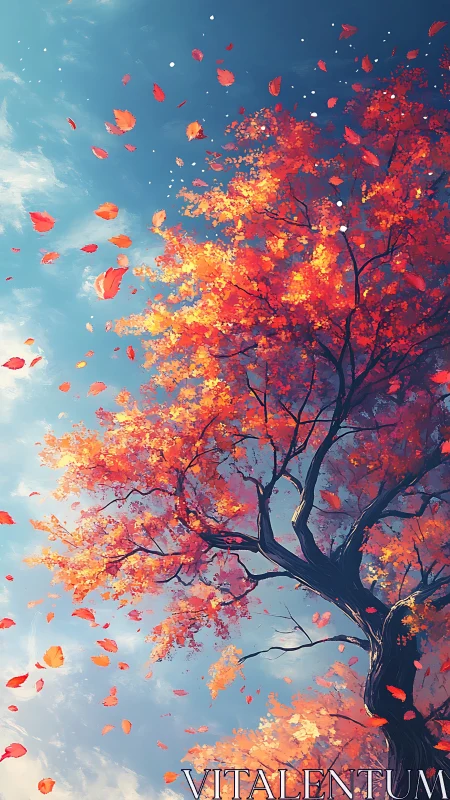Digital painting of wind-swept autumn tree with dynamic foliage.