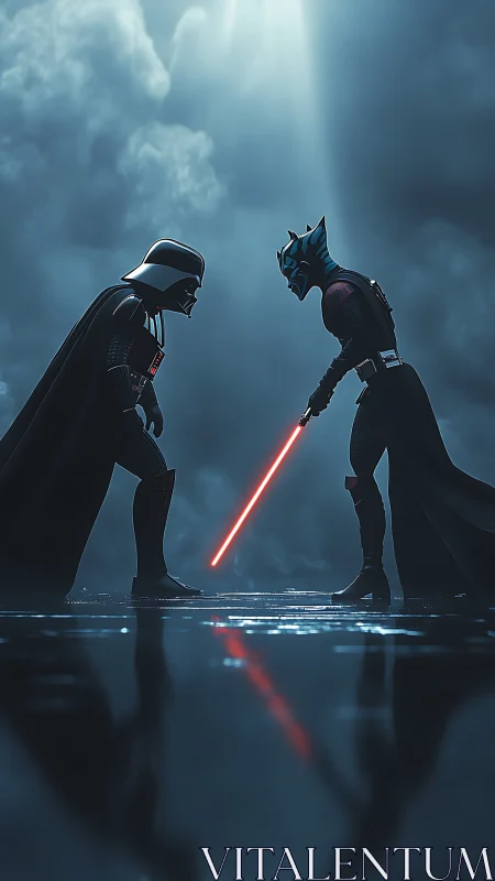 Cinematic duel composition with backlit silhouettes and reflective floor