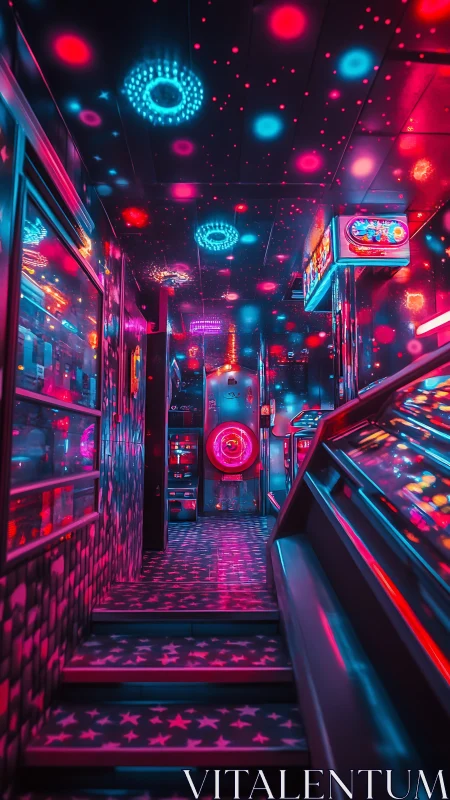 Neon stairway slips into a star-splashed arcade dream