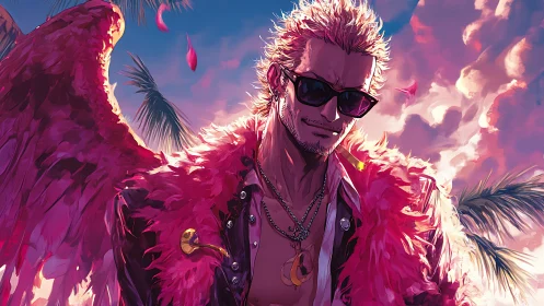 Chromatic winged outlaw under tropic cumuliform sky.