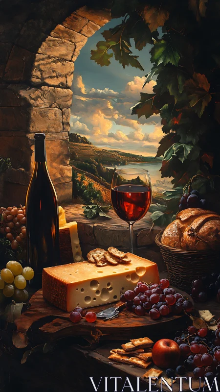 Rustic wine and cheese still life under golden vineyard sky.