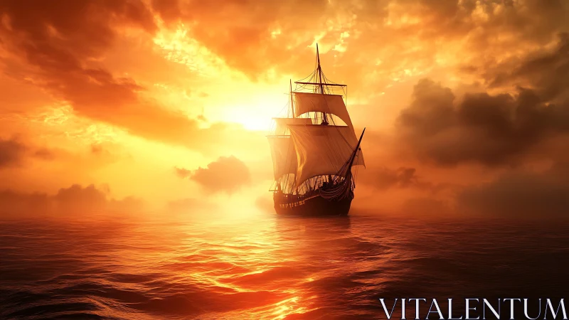 Sailing ship on calm sea under vivid orange sunset.