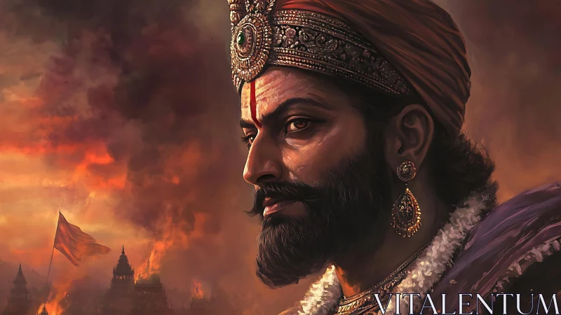 Warrior king portrait against burning battlefield sky.