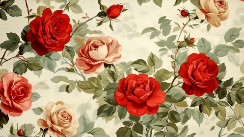 Velvet Roses Dance: Crimson Blooms Waltz on Ivory Canvas.
