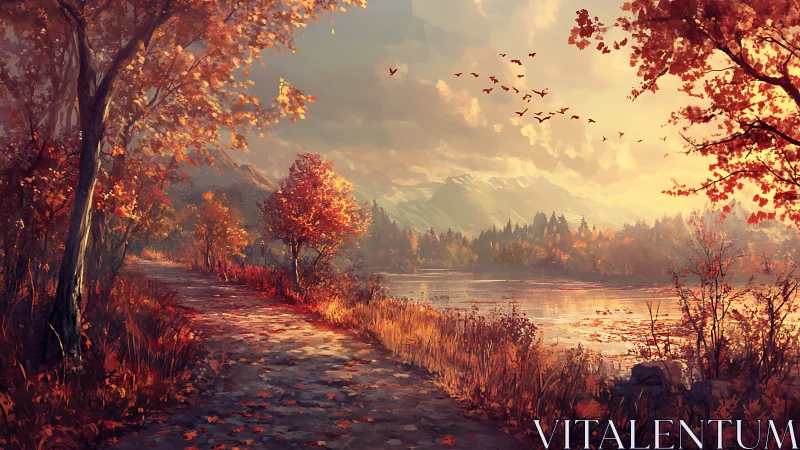 Autumn forest path beside calm lake at sunset light.