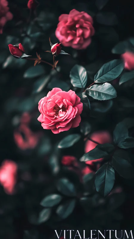 Blooming Pink Roses Against Dark Moody Foliage
