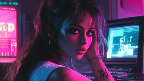 Neon-lit night coder lost in a dreamy digital glow.