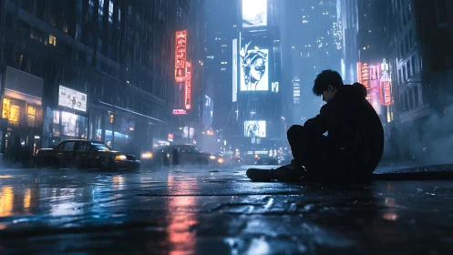Solitary figure in neon rain on reflective city street.