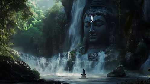 Colossal Buddha waterfall shrine within misty jungle gorge.