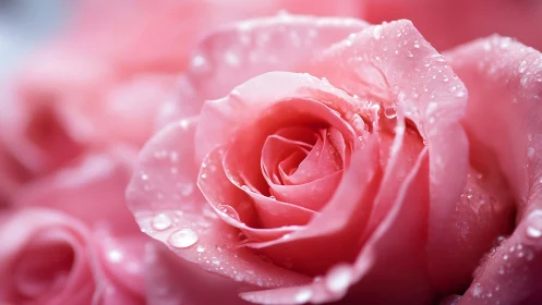 Pink rose bloom captured with water droplets in macro focus.